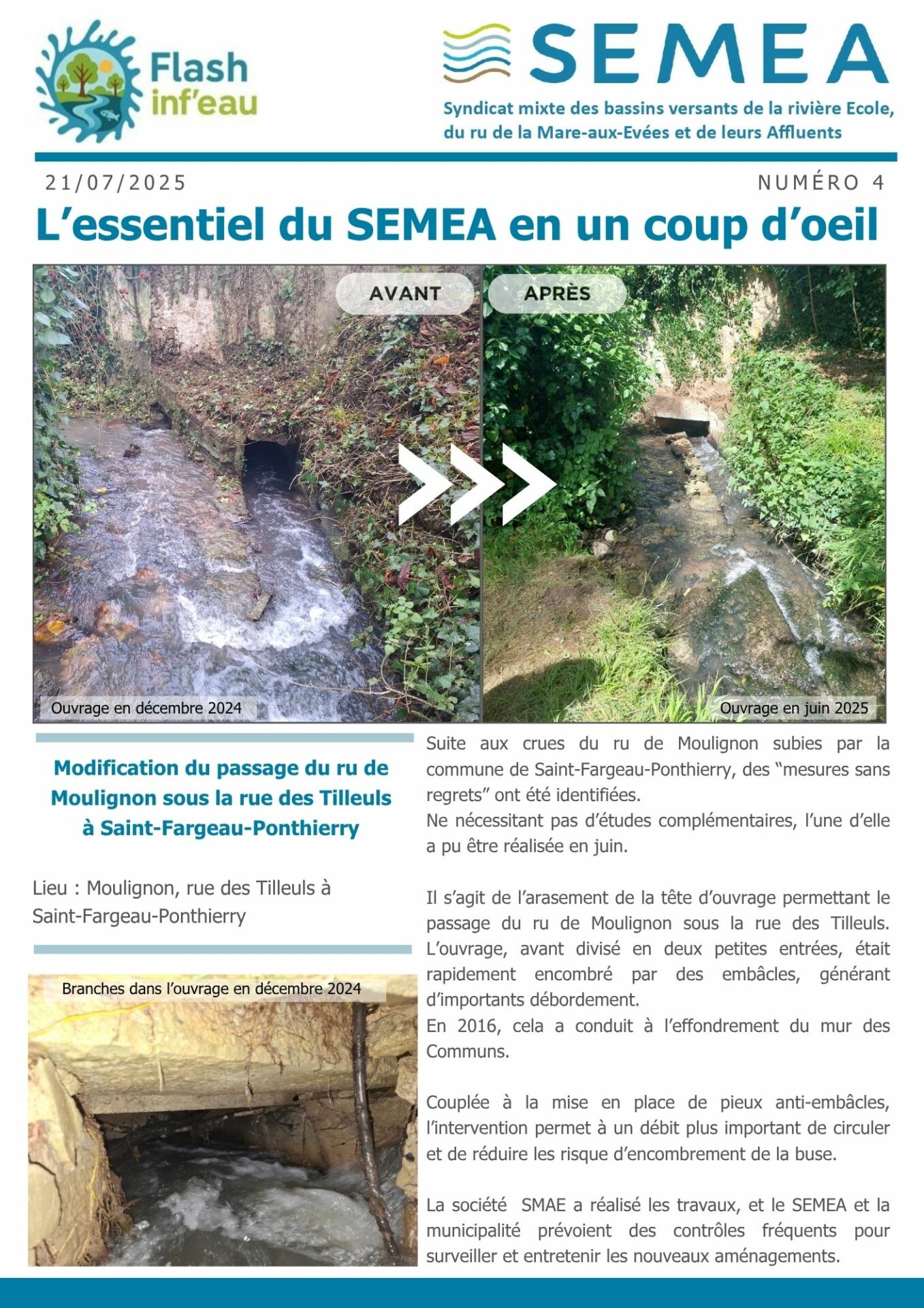 Flash inf’eau n°4 : Modification du passage du ru de Moulignon sous la rue des Tilleuls à Saint-Fargeau-Ponthierry