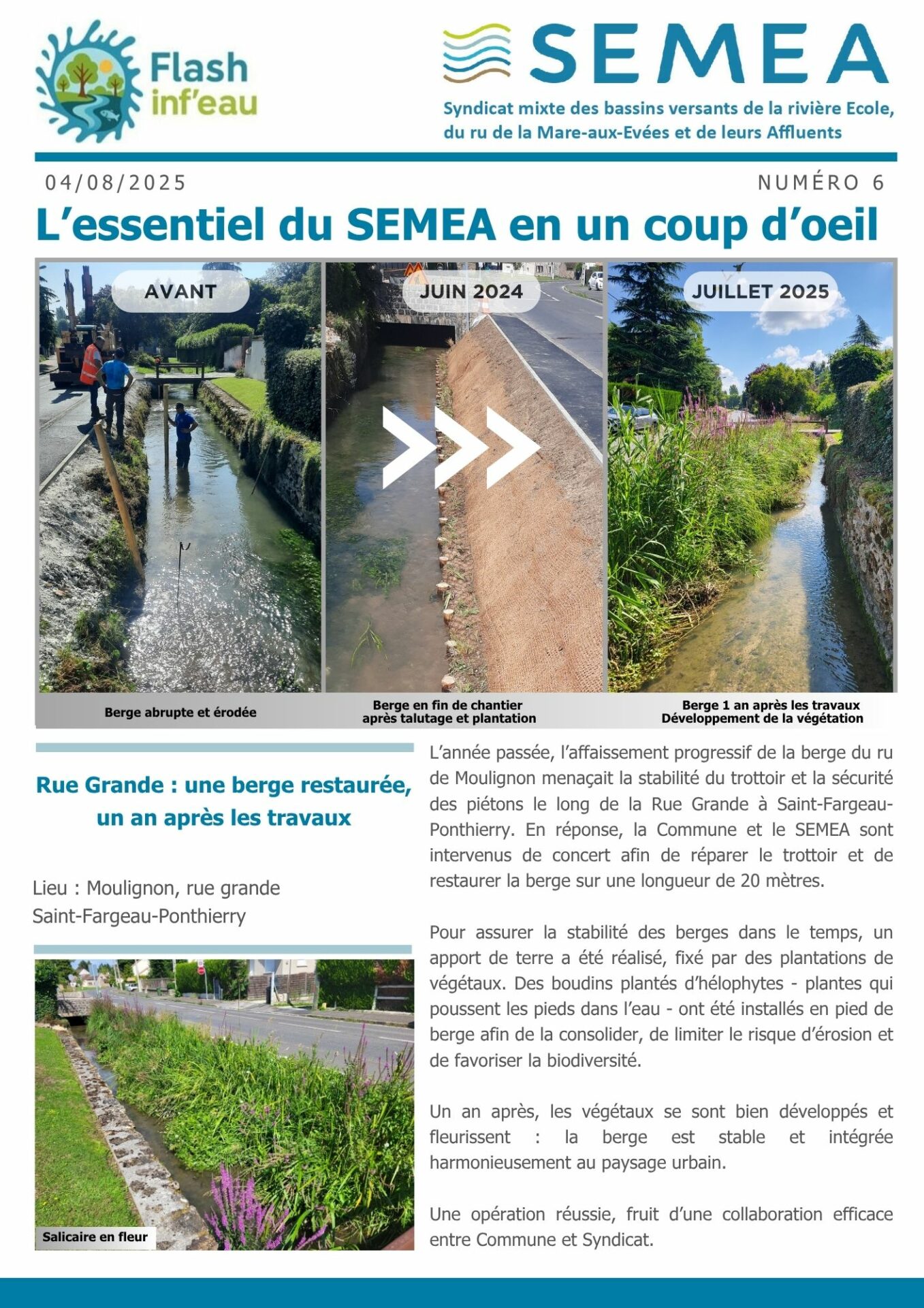 Flash inf’eau n°6 : Rue Grande : une berge restaurée, un an après les travaux
