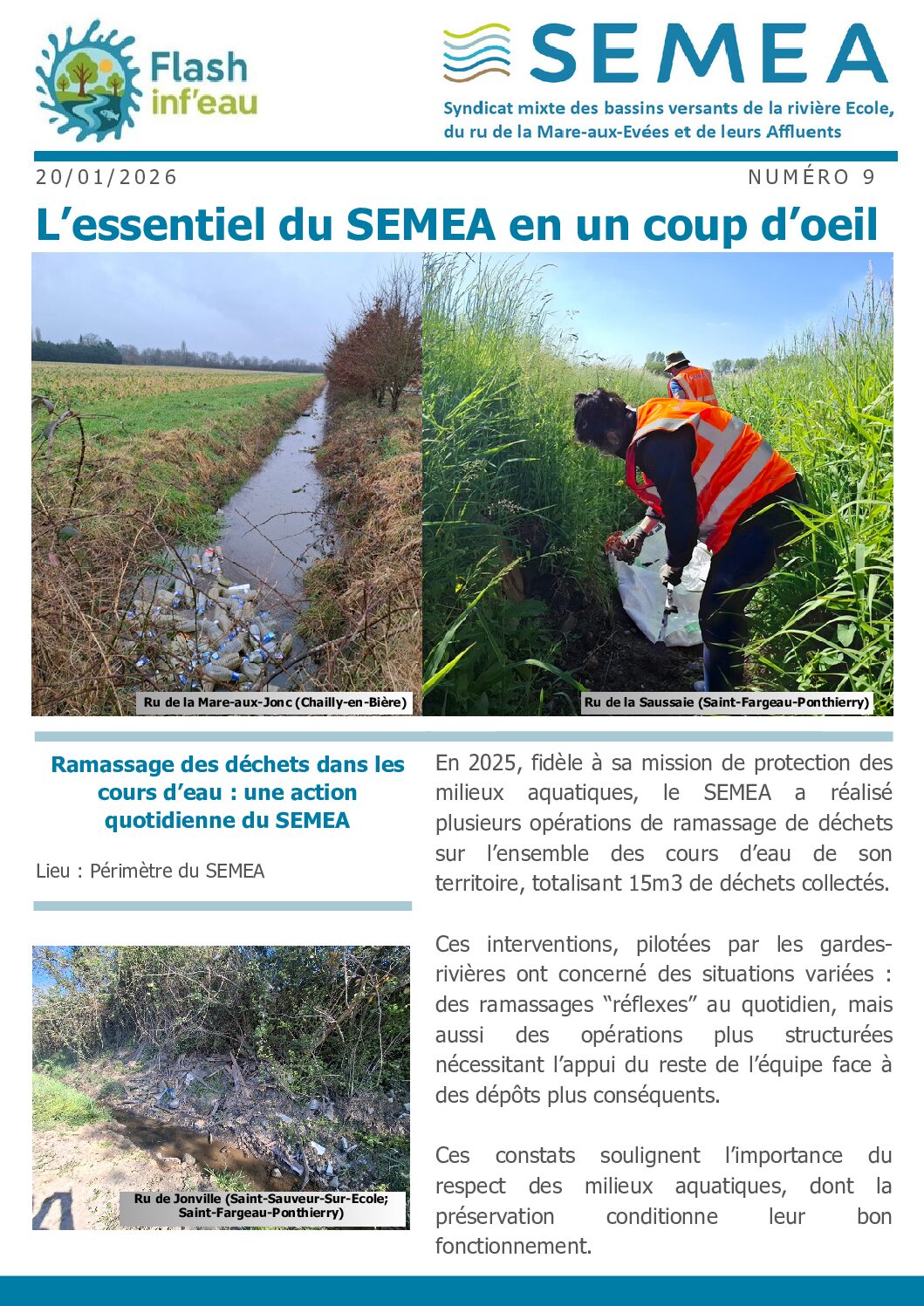 Flash inf’eau n°9 : Ramassage des déchets dans les cours d’eau : une action quotidienne du SEMEA