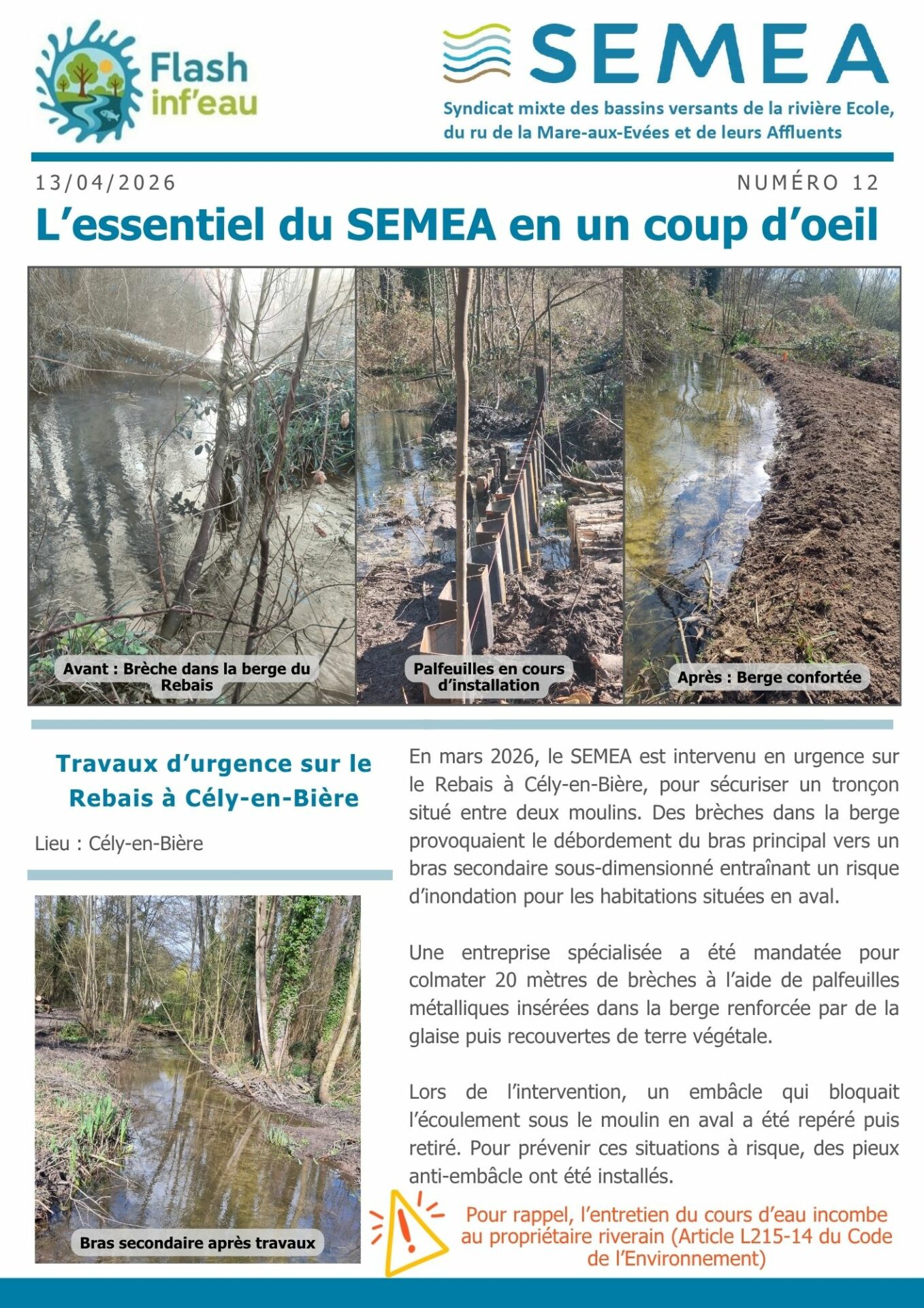 12.Flash inf’eau_l’essentiel en un coup d’oeil _Numéro 12 : Travaux d’urgence sur le Rebais à Cély-en-Bière